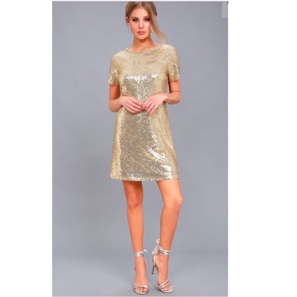 Lulu’s Party Hour Gold Sequin Short Sleeve Dress - Picture 1 of 7